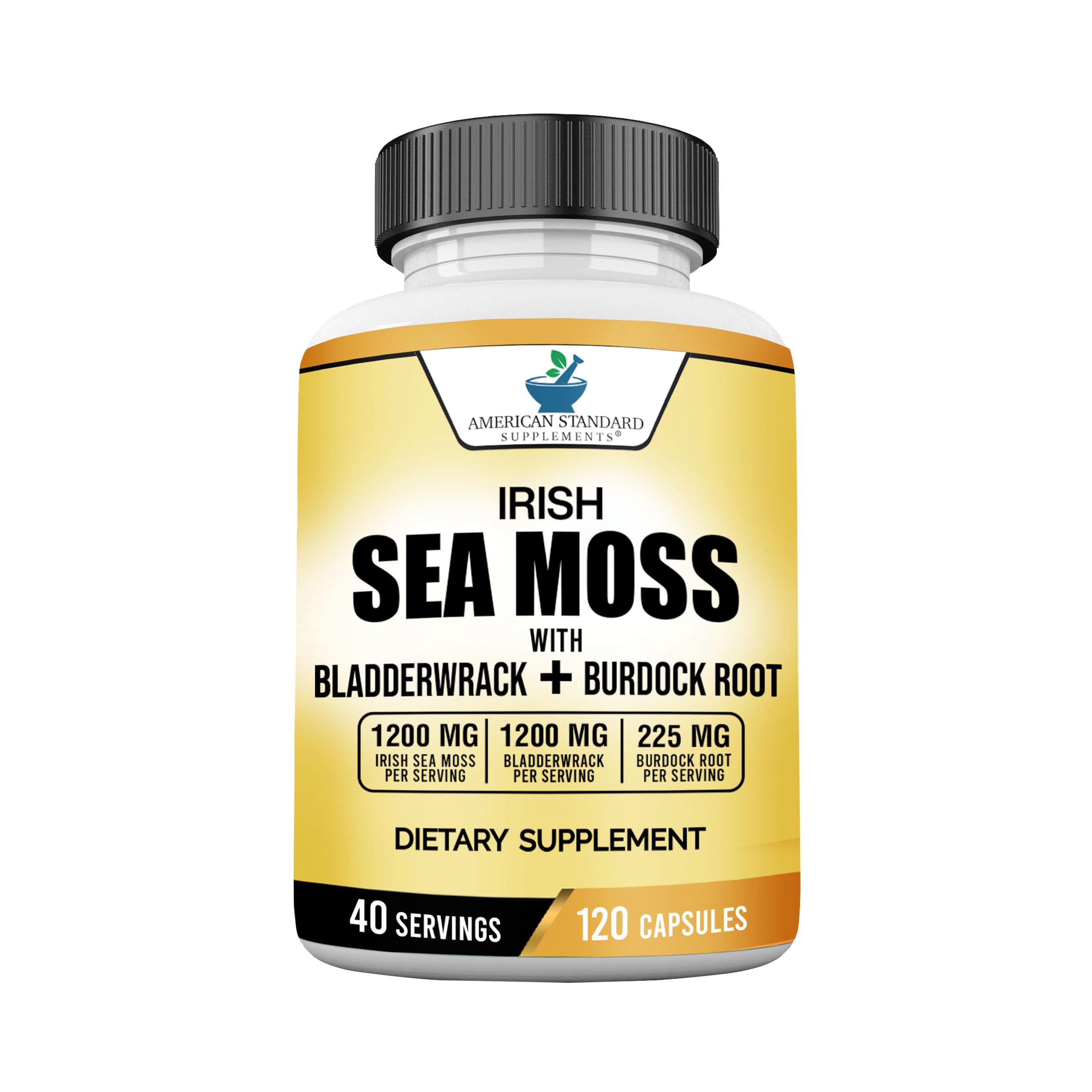 American Standard Supplements Irish Sea Moss 1200mg, Bladderwrack 1200mg and Burdock Root 225mg Per Serving - Vegan, Gluten Free, Non-GMO, 120 Capsules, 40 Servings